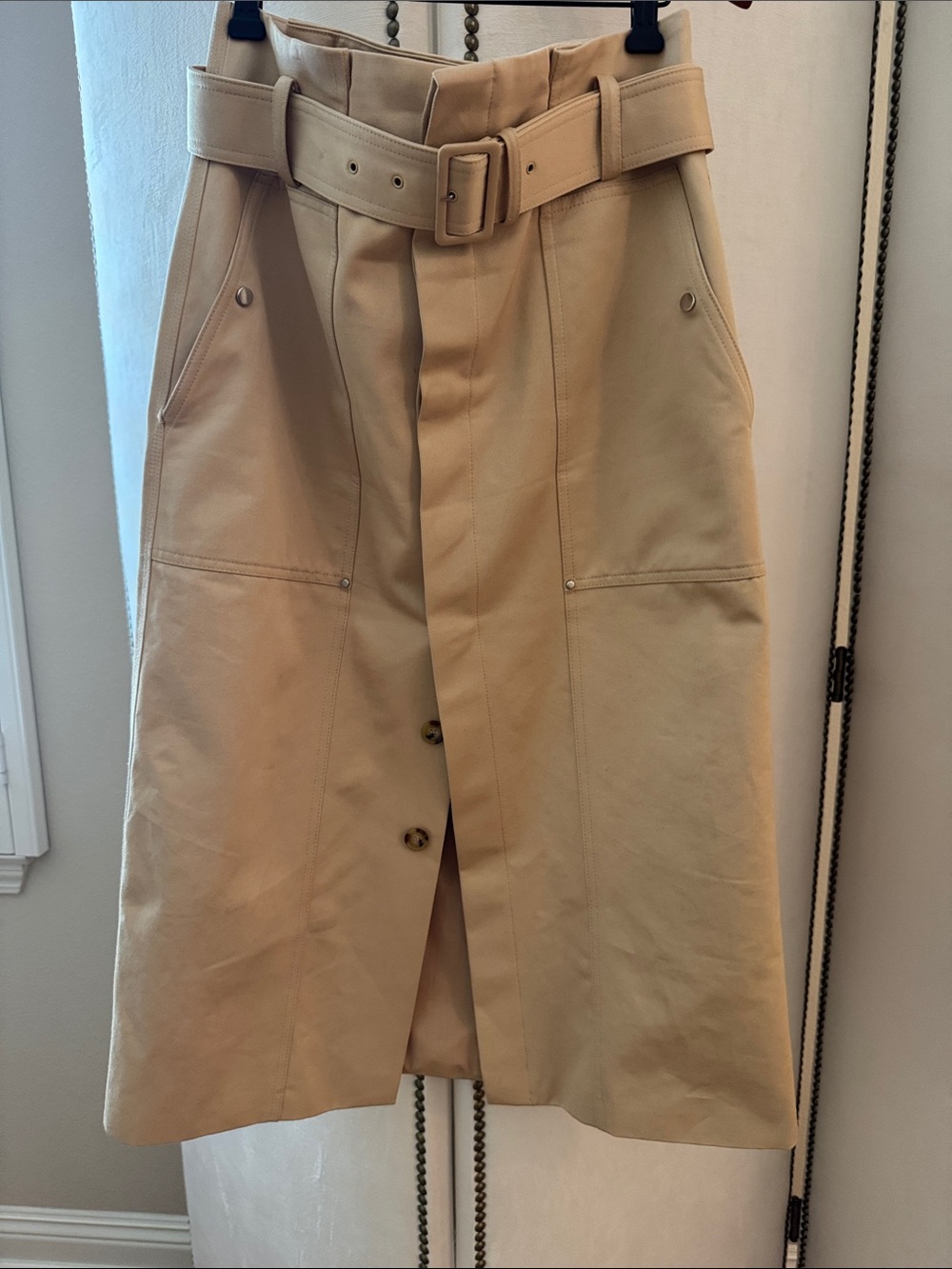 A.L.C. Tan High-Rise Belted Midi Skirt